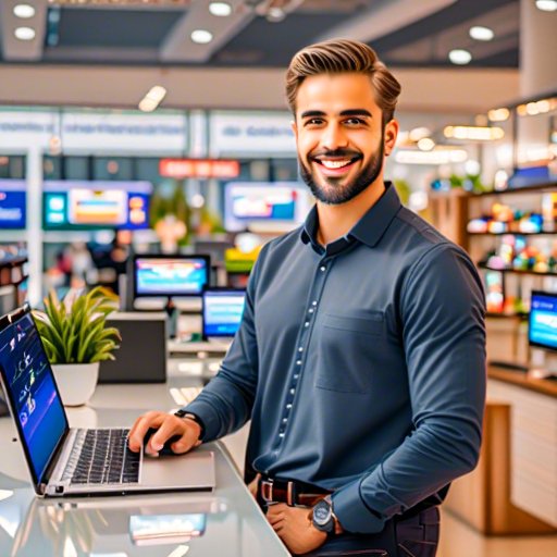 Electronics shop management software Using a man with a laptop in office