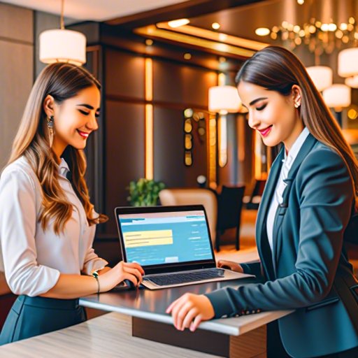 Hotel Management Software Using 2 girls with a laptop in hotel reception