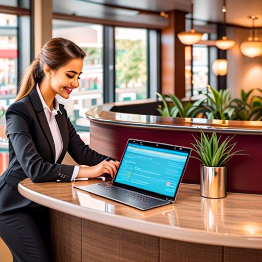 Hotel Management Software Using a girls with a laptop in hotel reception