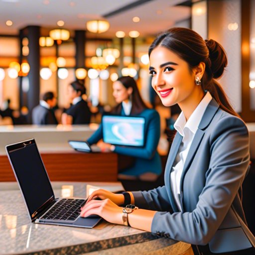Hotel Management Software Using a girls with a laptop in hotel reception
